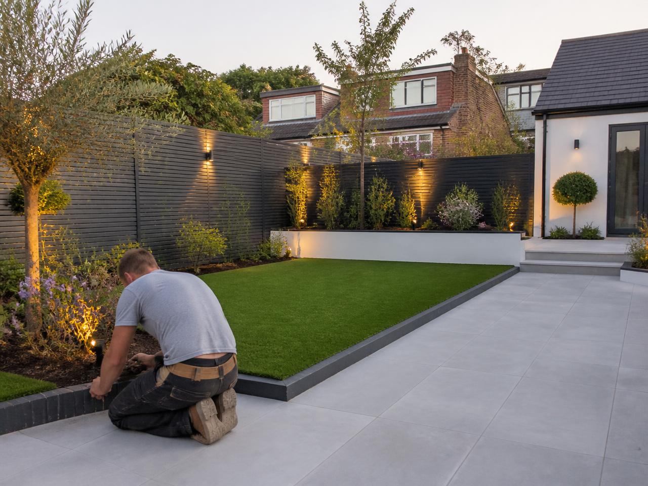 Completed garden transformation with porcelain patio and new fencing at dusk